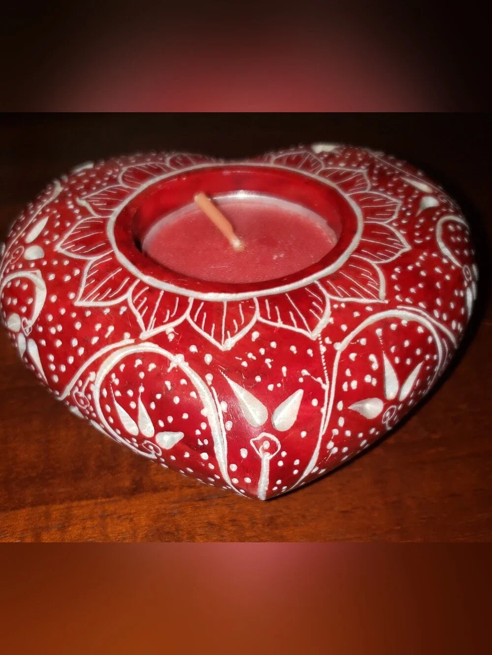Hand-Painted Red Soapstone Candle  Holder - Unbranded